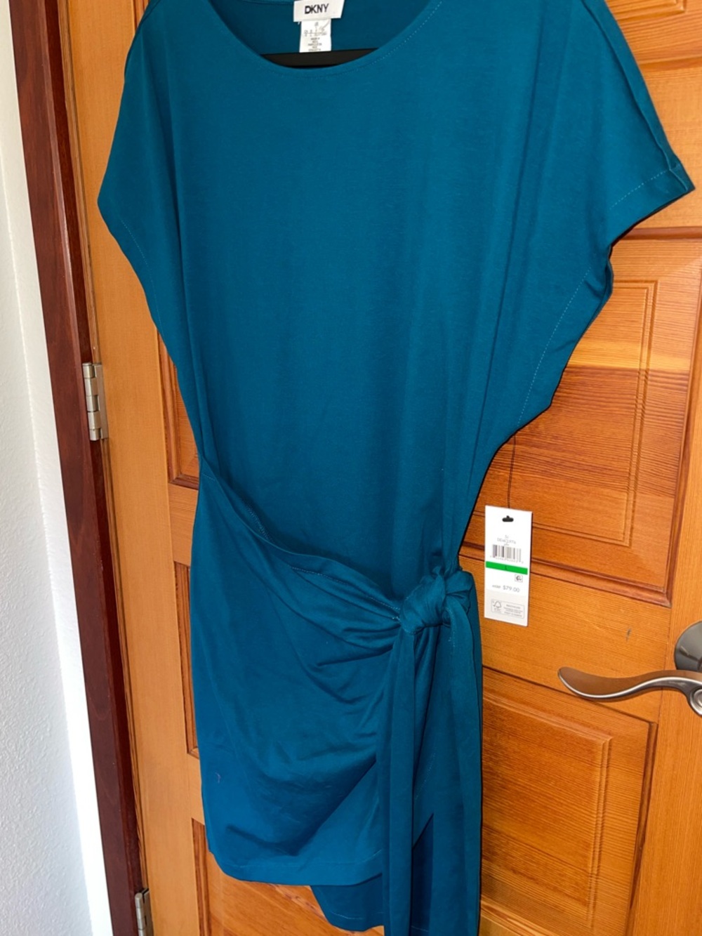 DKNY Teal Knot-Side Wrap Shift Dress.  Women’s L.  NWT. - Picture 3 of 9